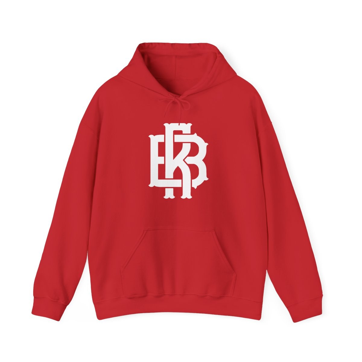 Red Rob Benton hoodie with white RB monogram